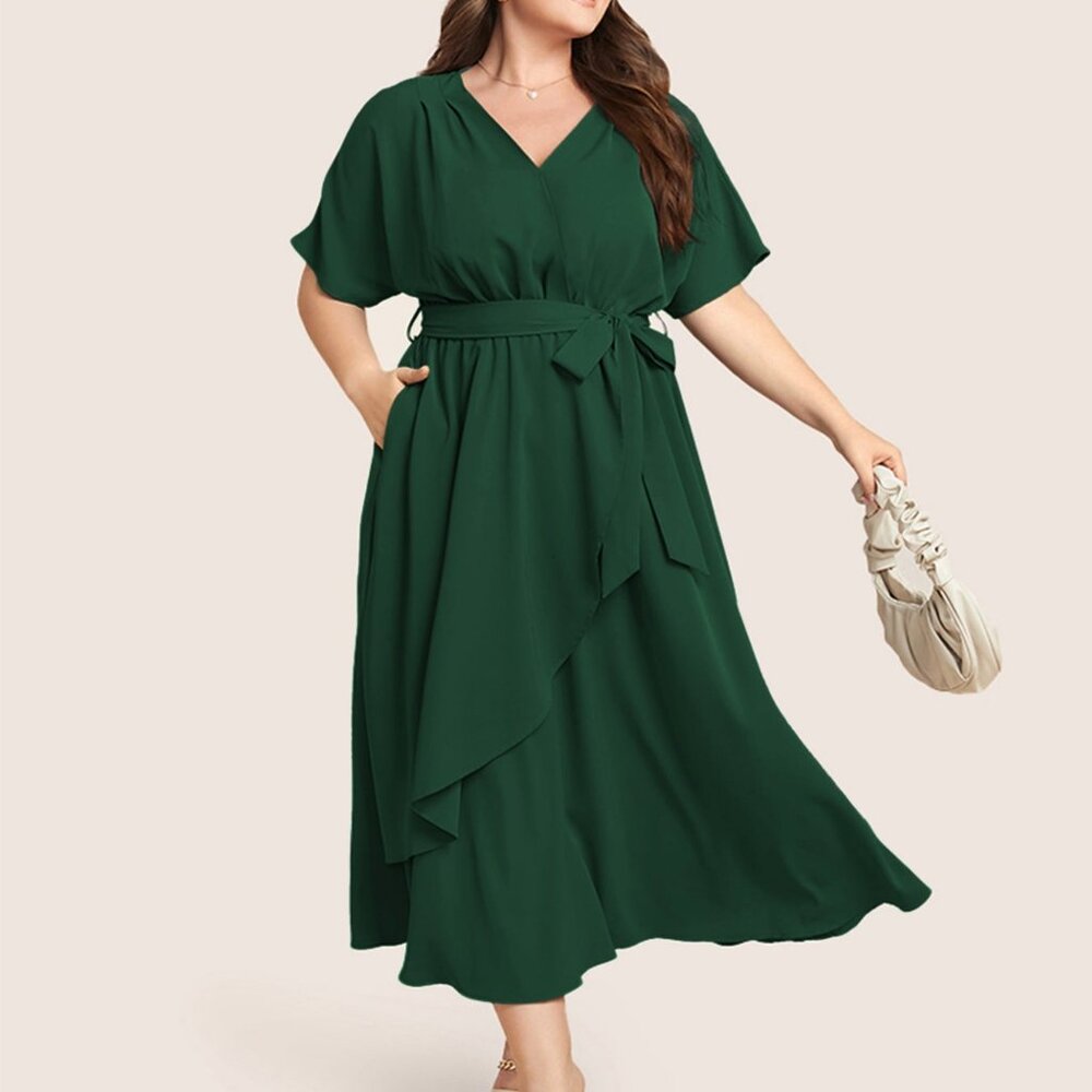 NWT!Green Dolman sleeve pocket belted surplice flutter dress size 14-16 …